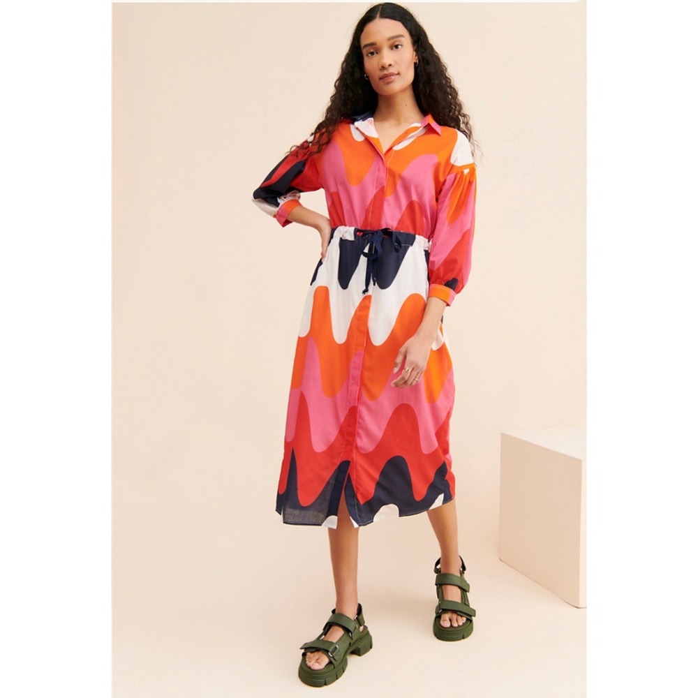 Vilagallo Lipa Abstract Print Cotton Button Front Midi Shirt Dress Size US 8